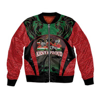 Unisex bomber jacket in red, black, and green with front lion graphic and zip.
