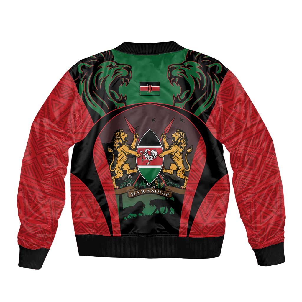 Unisex bomber jacket in red, black, and green with back crest, lions, and zip.