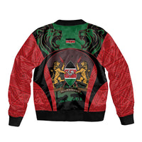 Unisex bomber jacket in red, black, and green with back crest, lions, and zip.