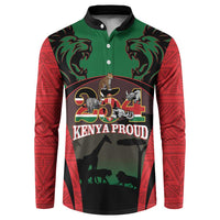 Men's button sweatshirt with Kenya Proud lion and elephant graphic, red patterned sleeves