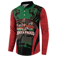 Button sweatshirt front with lions and elephants under Kenya Proud text, green top