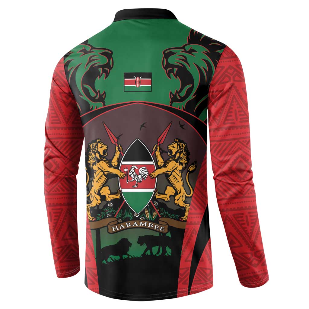 Button sweatshirt back close-up with lions crest and Kenya flag, red patterned sleeves