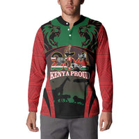Button sweatshirt worn by model: Kenya Proud emblem, red patterned sleeves and green front