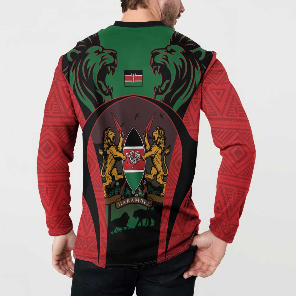 Button sweatshirt back: lions crest with Kenya flag patch and HARAMBEE text