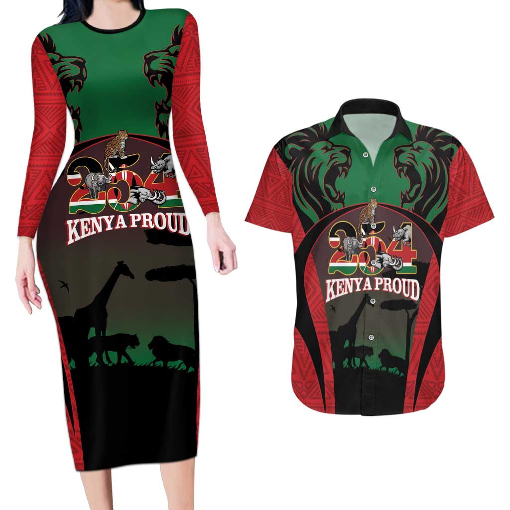 Proud Kenya 254 Couples Matching Long Sleeve Bodycon Dress and Hawaiian Shirt Kenyan Safari Animals - Wonder Print Shop