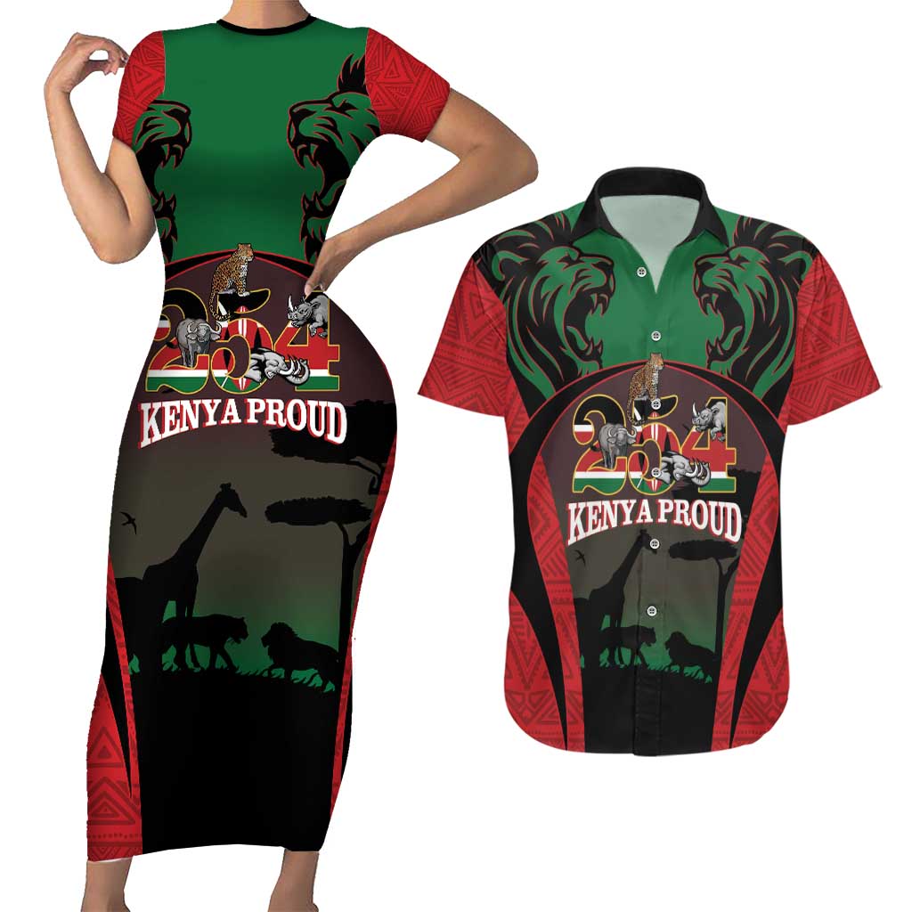 Proud Kenya 254 Couples Matching Short Sleeve Bodycon Dress and Hawaiian Shirt Kenyan Safari Animals - Wonder Print Shop