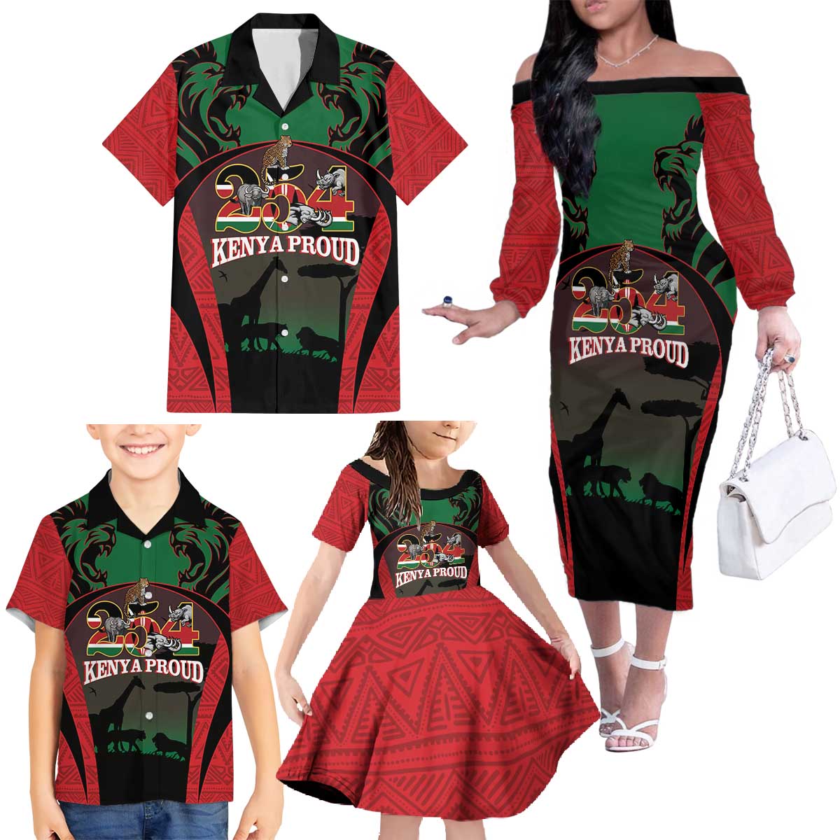 Proud Kenya 254 Family Matching Off The Shoulder Long Sleeve Dress and Hawaiian Shirt Kenyan Safari Animals - Wonder Print Shop