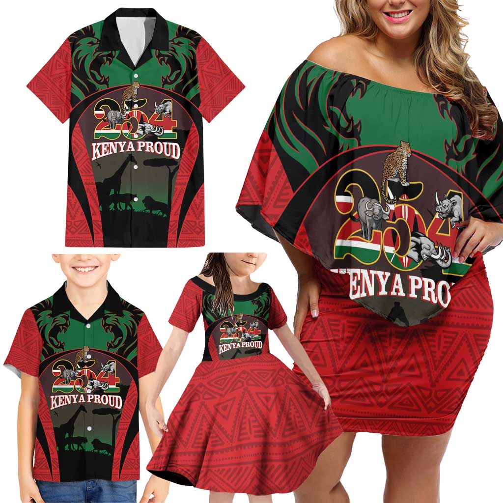 Proud Kenya 254 Family Matching Off Shoulder Short Dress and Hawaiian Shirt Kenyan Safari Animals - Wonder Print Shop