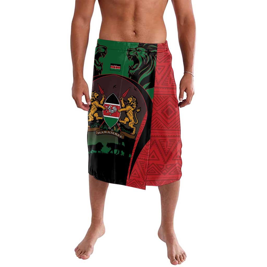 Red and green printed lavalava wrap skirt with animal emblem and geometric patterns