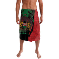 Red and green printed lavalava wrap skirt with animal emblem and geometric patterns