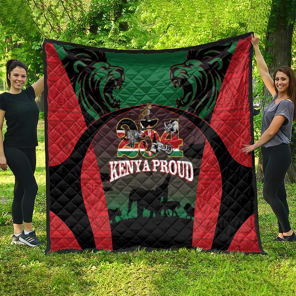 Kenya safari quilt, red and black with green center, lions, and 'KENYA PROUD' logo