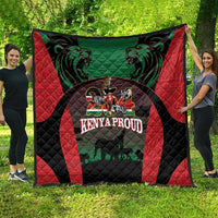 Kenya safari quilt, red and black with green center, lions, and 'KENYA PROUD' logo
