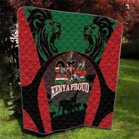Kenya safari quilt showing central 'KENYA PROUD' emblem with lion graphics and red side panels