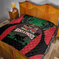 Kenya Proud quilt on bed: red/black panels, green center, lions, 'KENYA PROUD' emblem