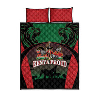 Quilt bed set with red pillowcases and centered lion logo on red, black, green