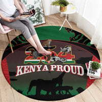 Round safari-themed carpet with "KENYA PROUD" lettering, animal silhouettes and red border