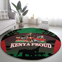 Round safari-themed rug with "KENYA PROUD" text, elephants and other animal silhouettes