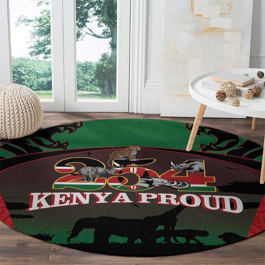 Round safari animal print carpet with "KENYA PROUD" lettering, green and black border