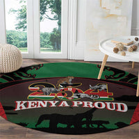 Round safari animal print carpet with "KENYA PROUD" lettering, green and black border