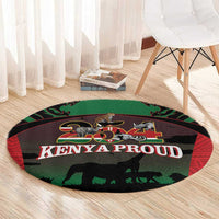 Round safari-themed carpet rug with "KENYA PROUD" text, animal silhouettes on green background