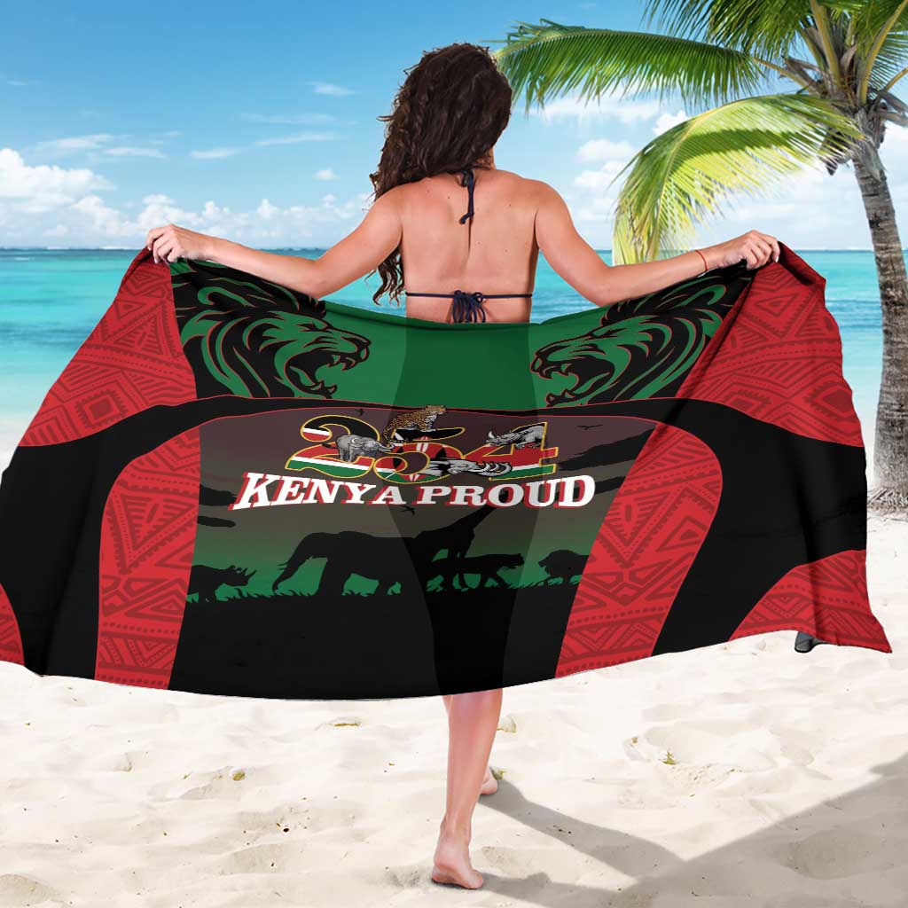 Red, black and green safari sarong with lion, elephant and KenyaProud emblem