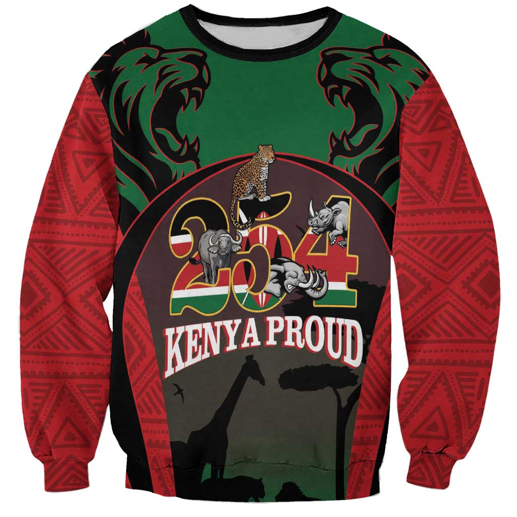 Unisex sweatshirt, red sleeves and green body, Kenya Proud animal graphic, crew neck
