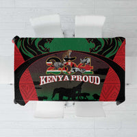 Safari themed tablecloth with 'Kenya Proud' center print, red green black border and animals