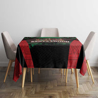 Safari themed tablecloth for dining table, black center panel with red and green patterned border