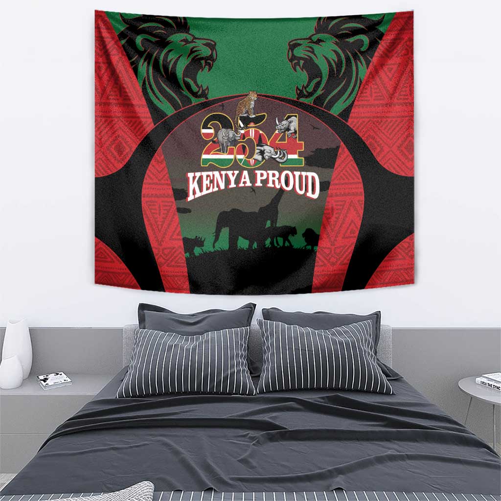 Tapestry with red and green lions, safari animals, and “KENYA PROUD” lettering