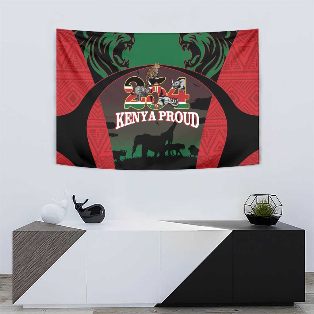 Red and green safari animal tapestry with lion heads and “KENYA PROUD” center text