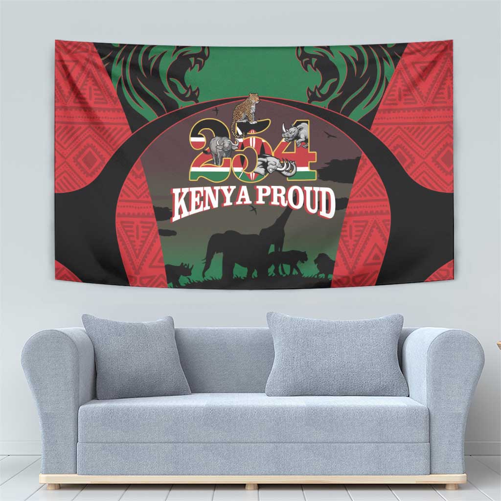 Red, green, and black Kenya-themed tapestry with lion art and “KENYA PROUD” text