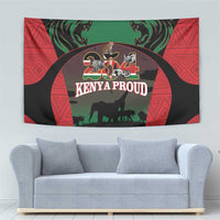 Red, green, and black Kenya-themed tapestry with lion art and “KENYA PROUD” text