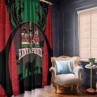 Kenya Proud lion curtain panels with green and red accents over dark base, hanging on rod