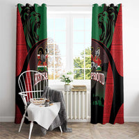 Kenya safari window curtain panel set, green and red with lion and Kenya Proud graphic