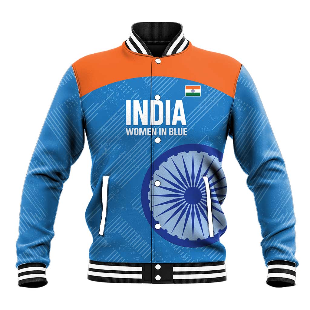 Blue and orange women’s baseball jacket with India graphic, ribbed collar and cuffs