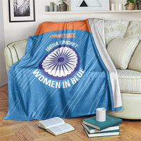 Blue cricket blanket with orange top band, circular India Women in Blue emblem and custom text