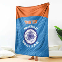 Blue cricket blanket with orange edge, circular India crest and 'YOUR TEXT' lettering