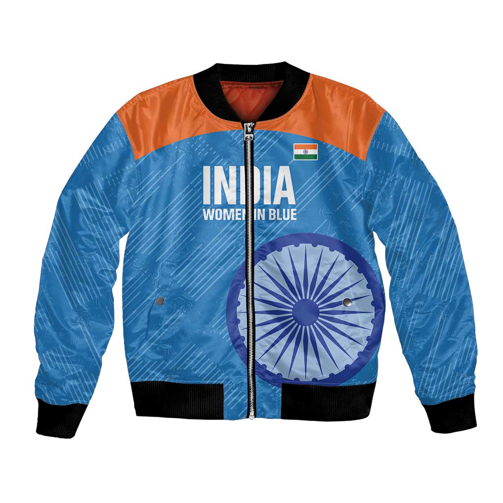 Blue and orange cricket bomber jacket with full-zip front, ribbed cuffs, and India graphic