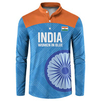 Blue cricket button sweatshirt with orange yoke, INDIA Women in Blue front print