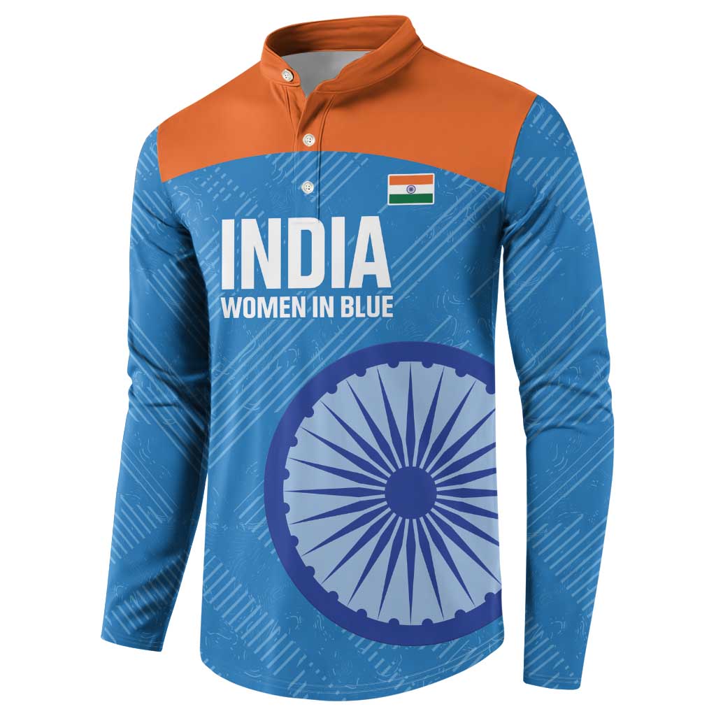 Blue cricket button sweatshirt with orange yoke, INDIA Women in Blue and wheel graphic