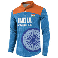 Blue cricket button sweatshirt with orange yoke, INDIA Women in Blue and wheel graphic