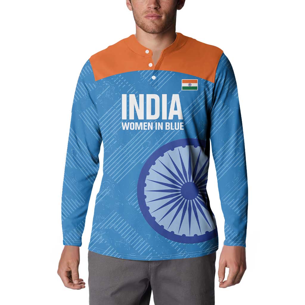 Blue cricket button sweatshirt with orange yoke, INDIA Women in Blue chest print