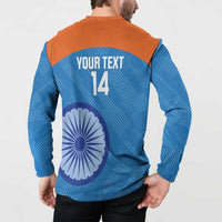 Blue cricket button sweatshirt with orange yoke, back print YOUR TEXT 14 and wheel