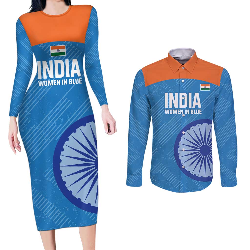 Custom India Cricket Couples Matching Long Sleeve Bodycon Dress and Long Sleeve Button Shirt Go Women In Blue - Wonder Print Shop