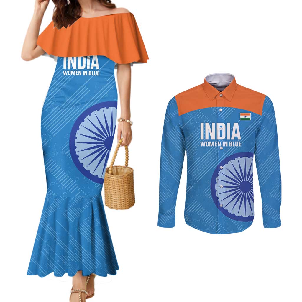 Custom India Cricket Couples Matching Mermaid Dress and Long Sleeve Button Shirt Go Women In Blue