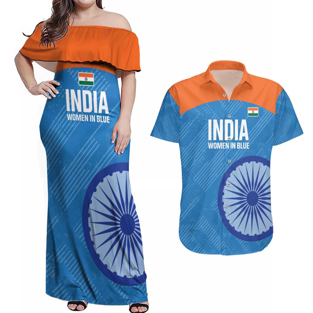 Custom India Cricket Couples Matching Off Shoulder Maxi Dress and Hawaiian Shirt Go Women In Blue - Wonder Print Shop