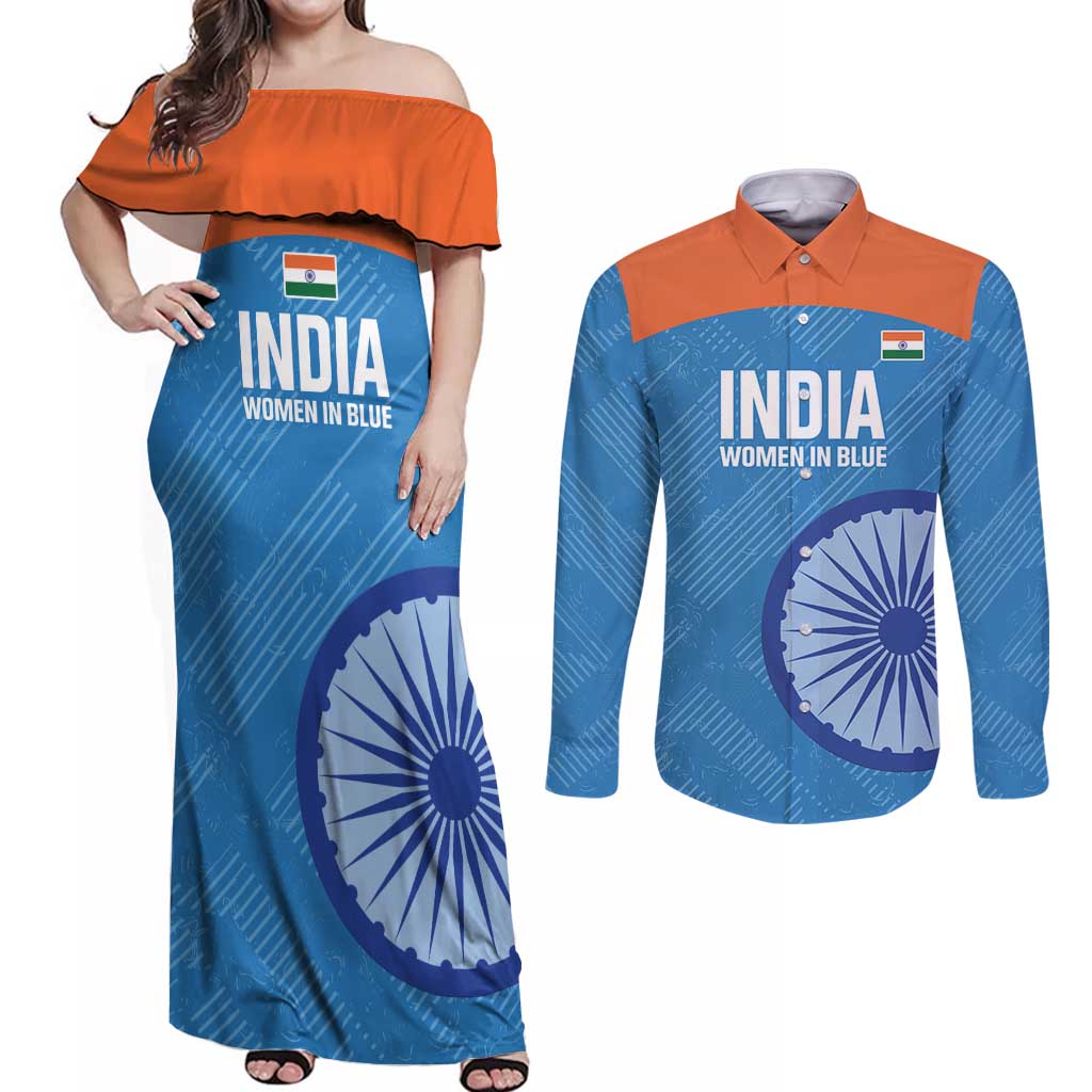 Custom India Cricket Couples Matching Off Shoulder Maxi Dress and Long Sleeve Button Shirt Go Women In Blue - Wonder Print Shop