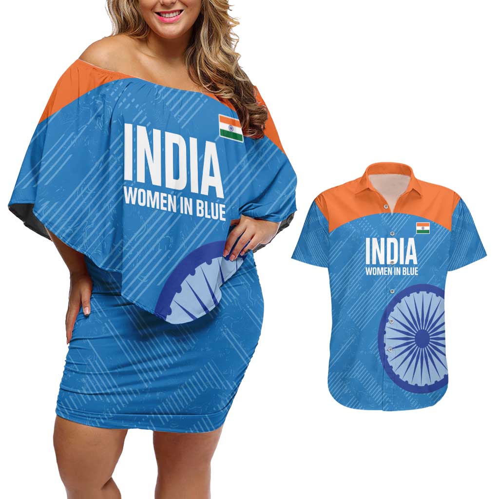 Custom India Cricket Couples Matching Off Shoulder Short Dress and Hawaiian Shirt Go Women In Blue - Wonder Print Shop