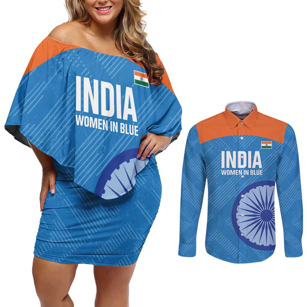 Custom India Cricket Couples Matching Off Shoulder Short Dress and Long Sleeve Button Shirt Go Women In Blue - Wonder Print Shop