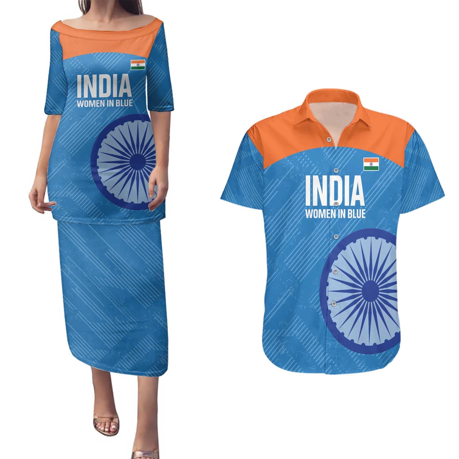 Custom India Cricket Couples Matching Puletasi and Hawaiian Shirt Go Women In Blue - Wonder Print Shop